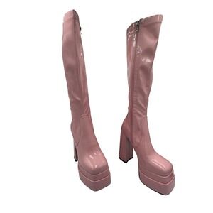 70s Wetkiss Go-go Pink Patent Stacked Chunky Heel Knee High Boots Square Toe US6